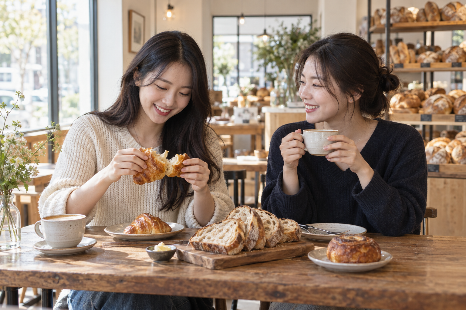 베이커리 매장에서 빵과 커피를 즐기는 손님들