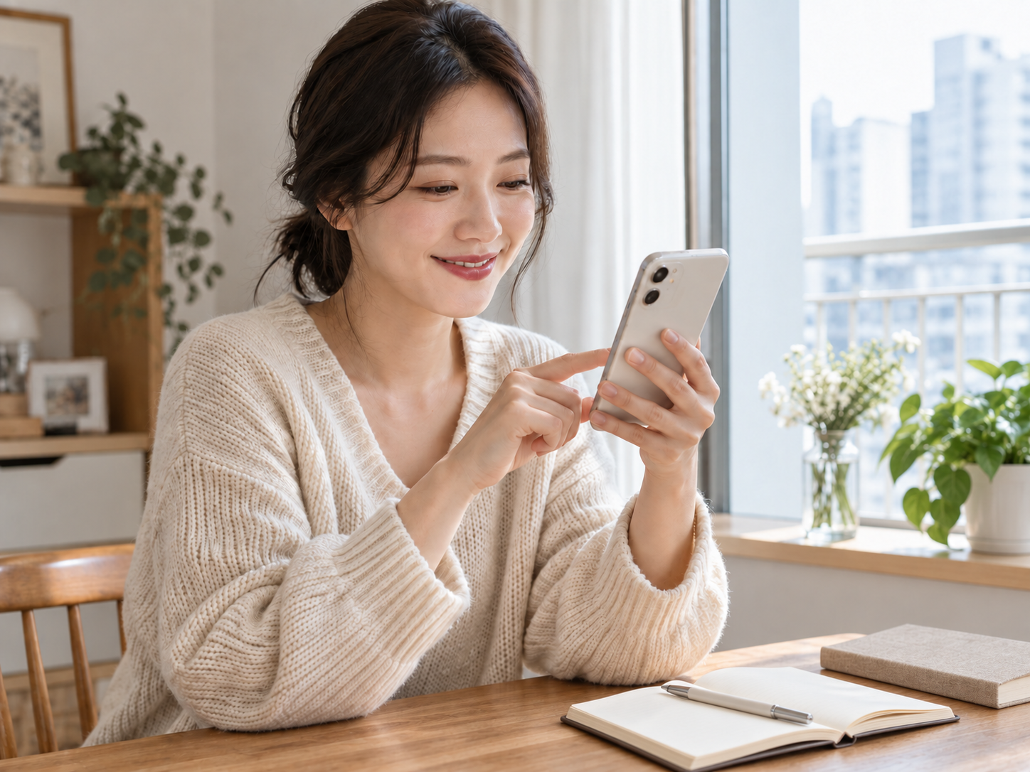 베이커리 방문 전 집에서 휴대폰으로 메뉴를 고르는 손님