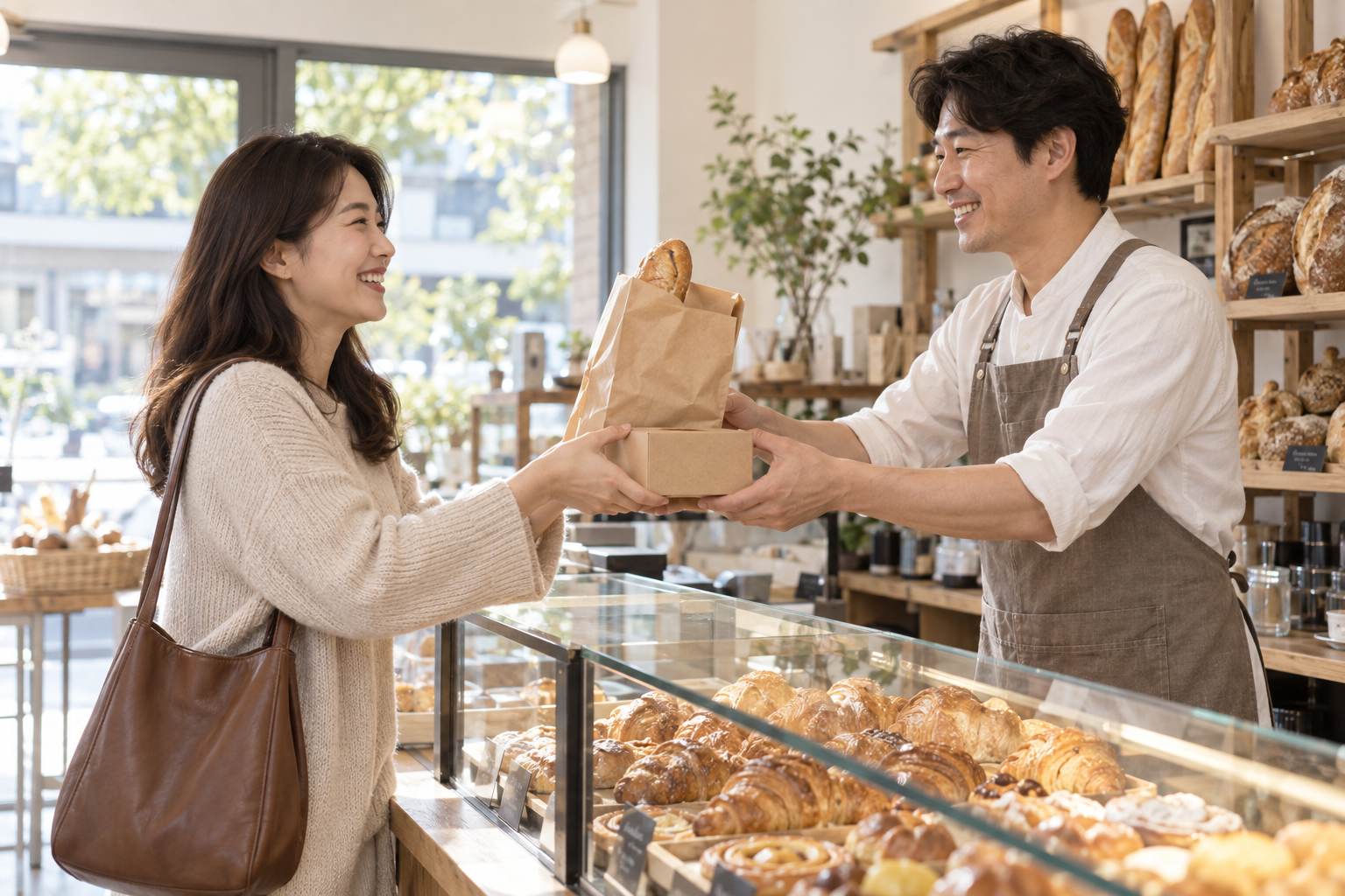 미리 주문해 포장된 빵과 디저트를 웃으며 건네받는 손님