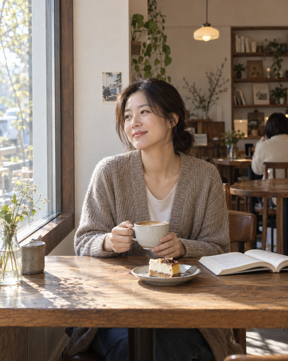 카페 창가에 앉아 커피를 즐기는 손님