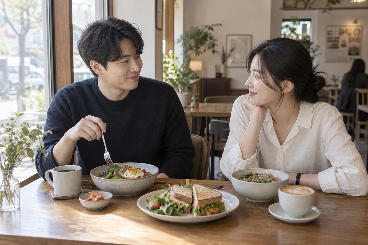 창가 테이블에서 음식과 커피를 즐기는 손님들
