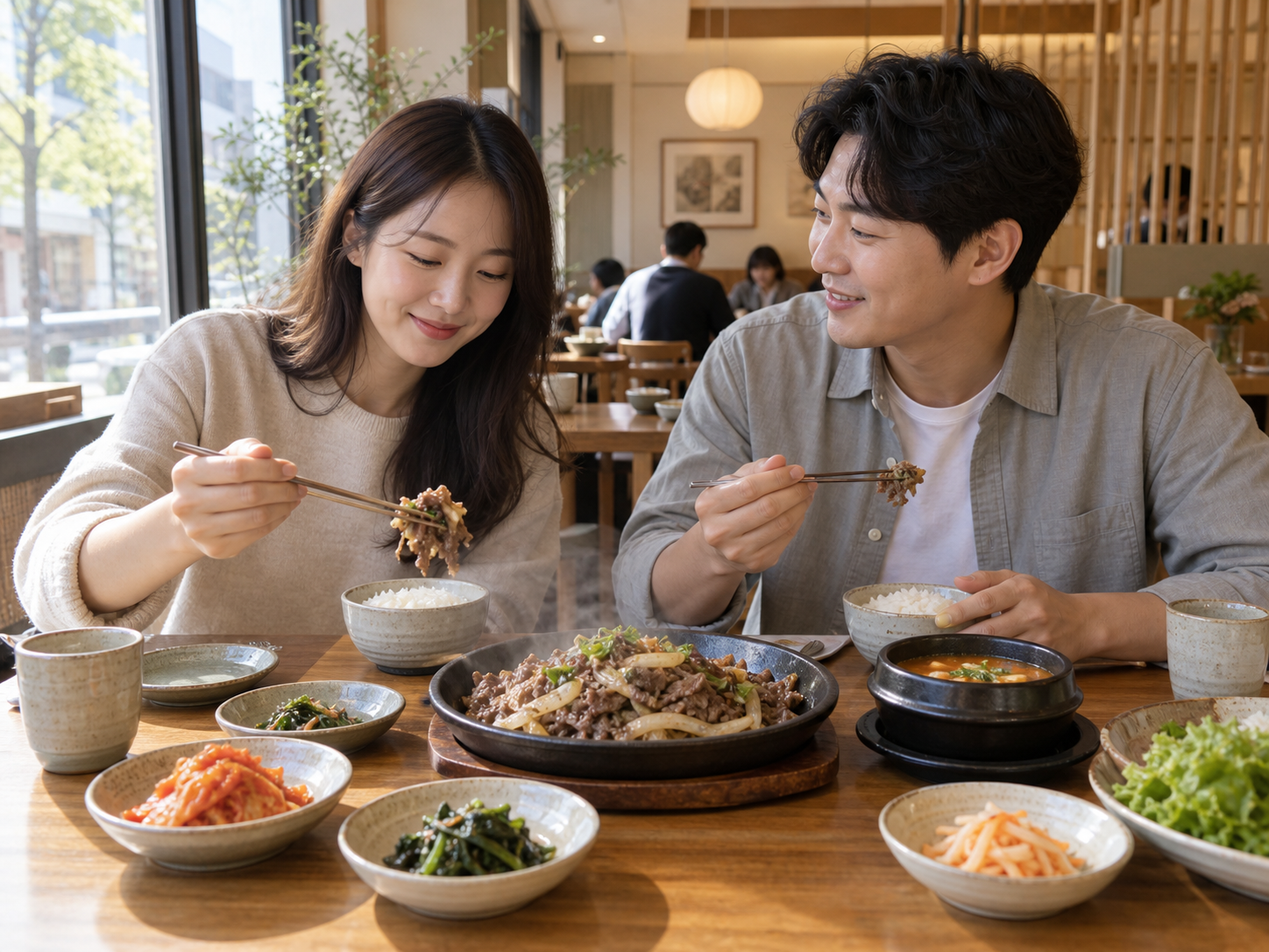 햇살이 드는 한식당에서 식사를 즐기는 손님들