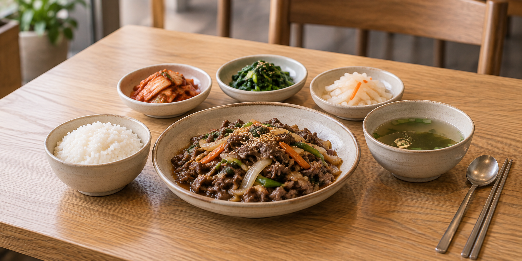 부드러운 자연광 아래 정갈하게 차려진 불고기 한식 상차림