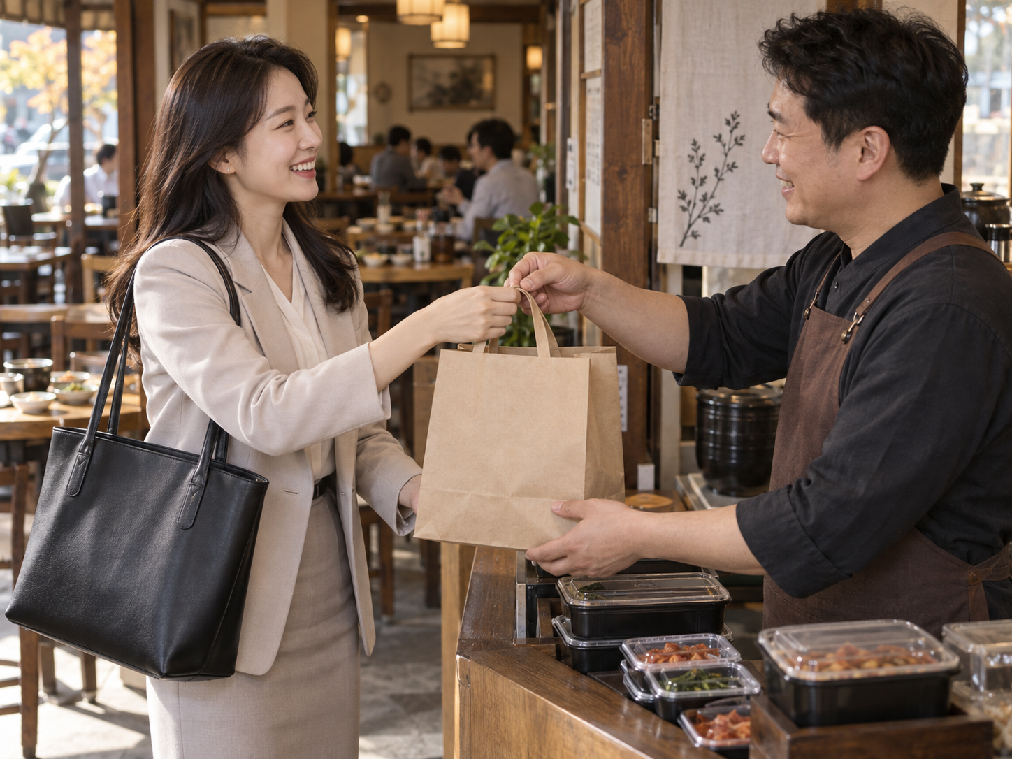 퇴근길에 미리 주문한 포장 음식을 건네받는 손님