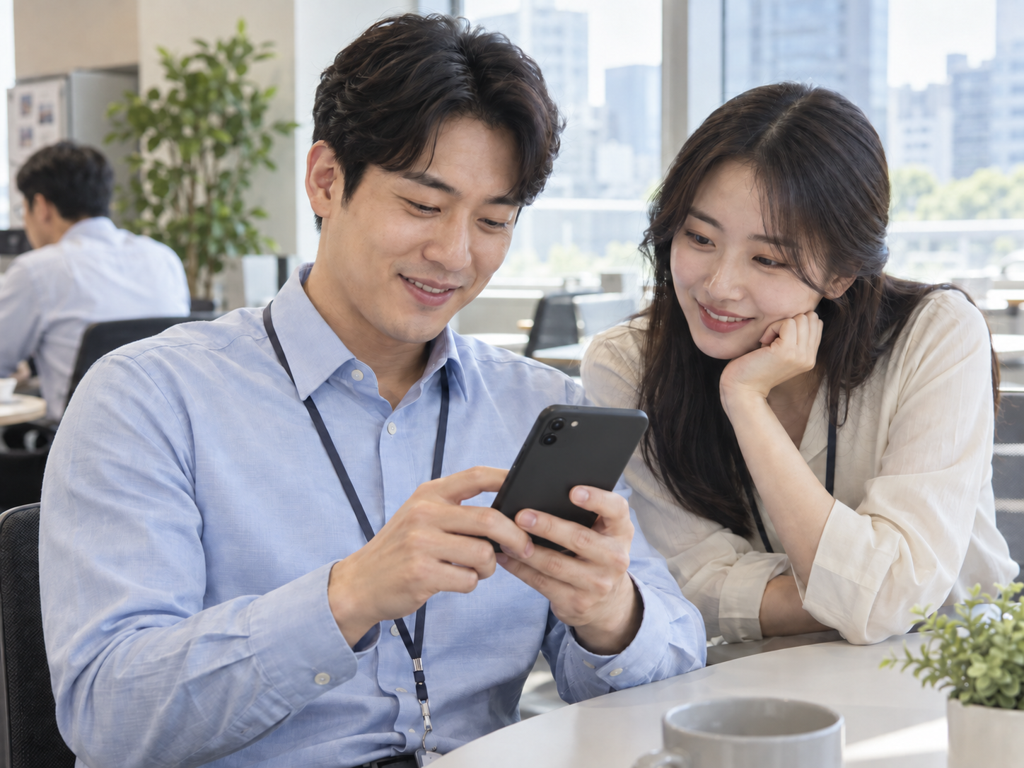 회사에서 휴대폰으로 점심 메뉴를 미리 고르는 손님