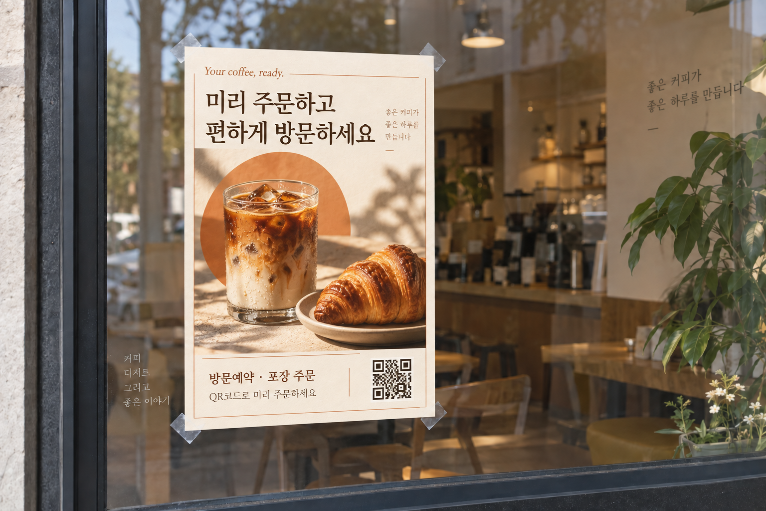 매장 유리창에 부착한 미리주문 안내 QR 포스터 예시